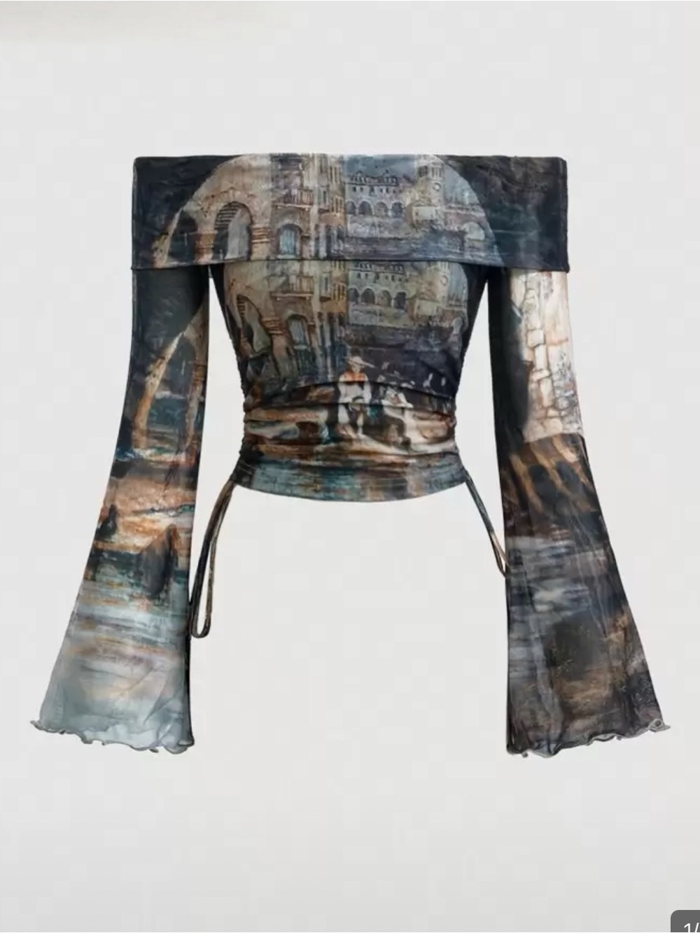 Off-Shoulder Printed Long-Sleeve Crop Top - Multicolor